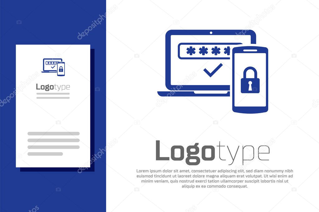 Blue Multi factor, two steps authentication icon isolated on white background. Logo design template element. Vector Illustration
