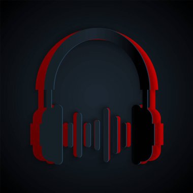 Kağıt kesiği Kulaklık ve ses dalgaları simgesi siyah arkaplanda izole edildi. Müzik, hizmet, iletişim ve operatör için kavramsal nesne. Kağıt sanatı tarzı. Vektör İllüstrasyonu