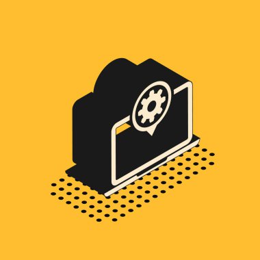 Isometric Laptop ve dişli ikonu sarı arkaplanda izole edildi. Laptop servis konsepti. Uygulama ayarlanıyor, seçenekler ayarlanıyor, bakım, onarım, onarım. Vektör İllüstrasyonu