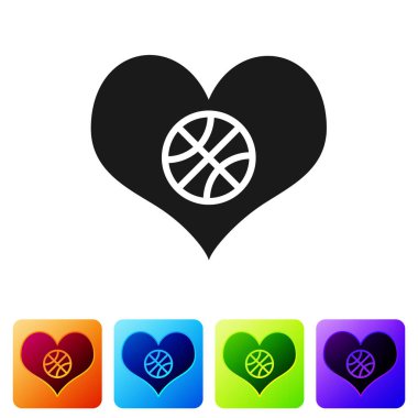 Siyah Kalp ve basketbol topu beyaz arka planda izole edilmiş bir ikon. Basketbol aşkı. Renkli kare düğmelerle simgeleri ayarla. Vektör İllüstrasyonu
