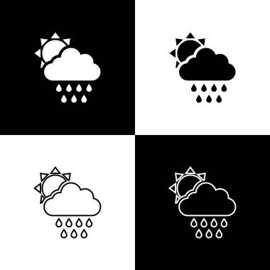 Bulut 'u yağmur ve güneş ikonu ile siyah beyaz arka planda izole et. Yağmur damlaları ile yağmur bulutu yağışı. Vektör İllüstrasyonu