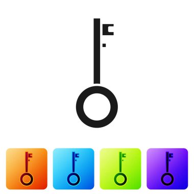 Siyah Korsan anahtar simgesi beyaz arkaplanda izole edildi. Renkli kare düğmelerle simgeleri ayarla. Vektör İllüstrasyonu