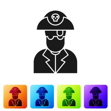 Siyah Korsan Kaptan ikonu beyaz arka planda izole edildi. Renkli kare düğmelerle simgeleri ayarla. Vektör İllüstrasyonu