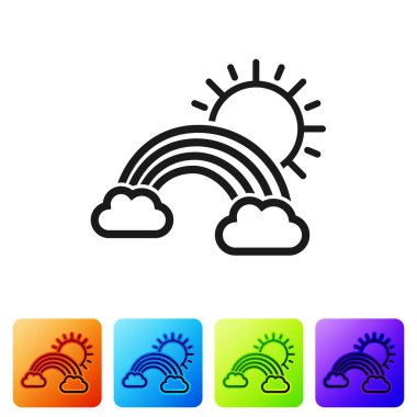 Beyaz zemin üzerinde bulutlar ve güneş ikonu olan siyah gökkuşağı. Renkli kare düğmelerle simgeleri ayarla. Vektör İllüstrasyonu