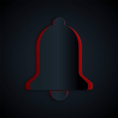 Kağıt kesiği, siyah arkaplanda izole edilmiş zil simgesi. Alarm sembolü, servis zili, el zili işareti, uyarı sembolü. Kağıt sanatı tarzı. Vektör İllüstrasyonu