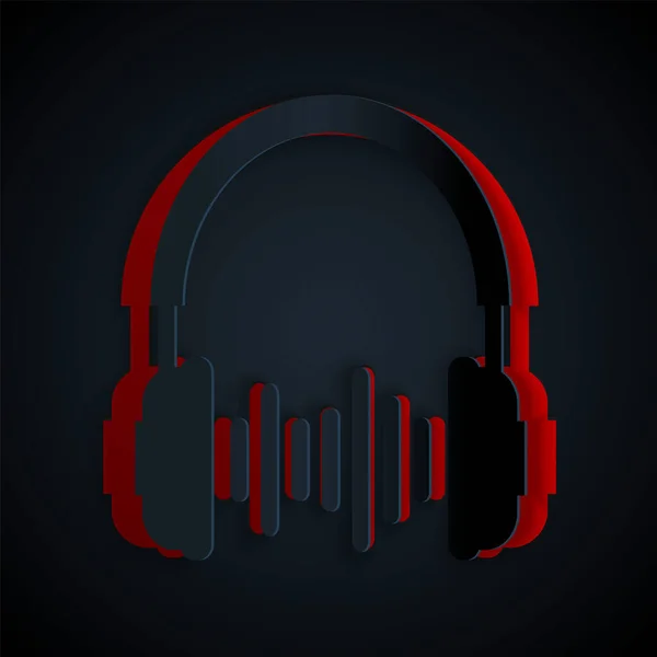 Auriculares de corte de papel y el icono de ondas de sonido aislados sobre fondo negro. Objeto conceptual para escuchar música, servicio, comunicación y operador. Estilo de arte de papel. Ilustración vectorial — Archivo Imágenes Vectoriales