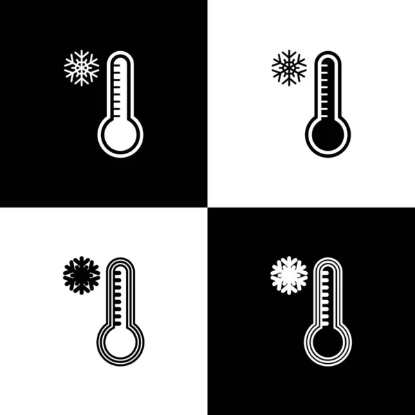 Set Meteorology thermometer measuring heat and cold icon isolated on black and white background. Thermometer equipment showing hot or cold weather. Vector Illustration — Stock Vector