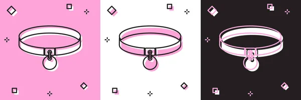 Definir colarinho com nome tag ícone isolado em rosa e branco, fundo preto. Material simples para animais domésticos. Cuidado com cães e gatos. Cadeias de animais. Ilustração vetorial —  Vetores de Stock