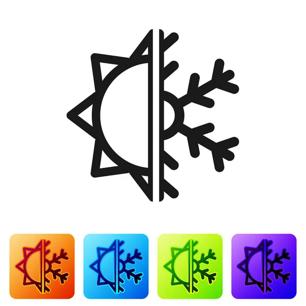 Μαύρο καυτό και κρύο σύμβολο. Ήλιος και νιφάδες χιονιού απομονώνονται σε λευκό φόντο. Χειμερινό και καλοκαιρινό σύμβολο. Ορισμός εικονιδίων σε χρωματιστά τετράγωνα κουμπιά. Εικονογράφηση διανύσματος — Διανυσματικό Αρχείο