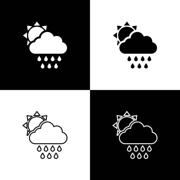 Untergegangene Wolke mit Regen- und Sonnensymbol isoliert auf schwarz-weißem Hintergrund. Regenwolken Niederschlag mit Regentropfen. Vektorillustration — Stockvektor