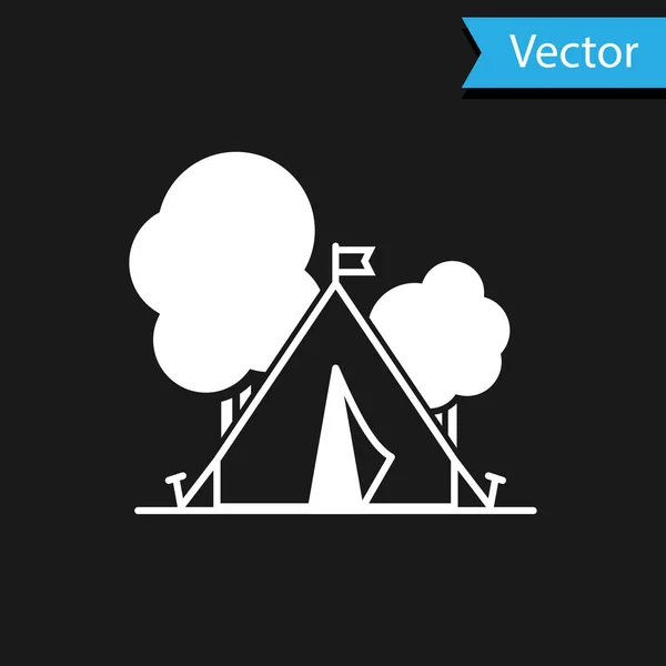 Tente touristique blanche avec icône drapeau isolé sur fond noir. Symbole camping. Illustration vectorielle — Image vectorielle