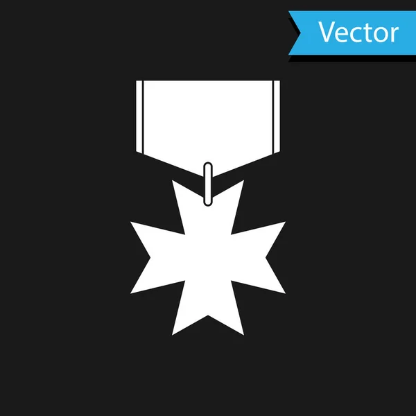 Icono de medalla de recompensa militar blanca aislado sobre fondo negro. Firma del ejército. Ilustración vectorial — Vector de stock
