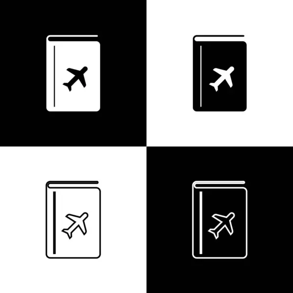 Definir capa livro guia de viagem ícone isolado no fundo preto e branco. Ilustração vetorial — Vetor de Stock