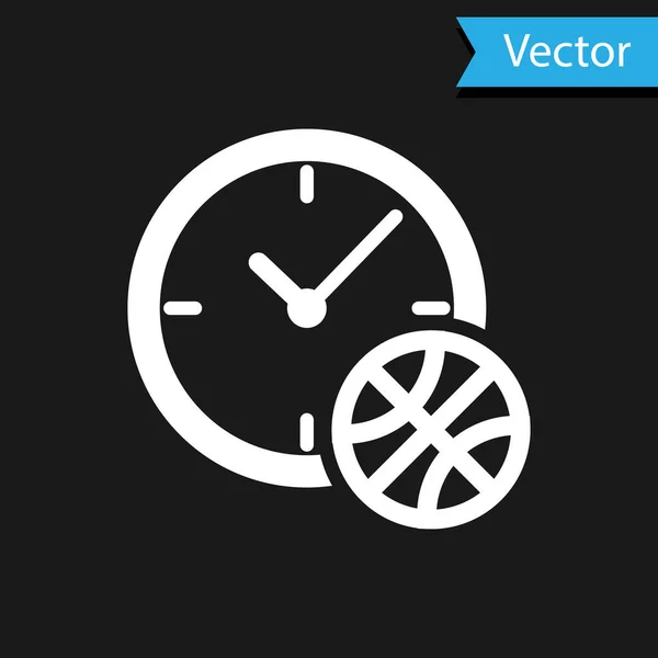Weiße Uhr mit Basketballsymbol innen isoliert auf schwarzem Hintergrund. Basketballzeit. Sport und Training. Vektorillustration — Stockvektor