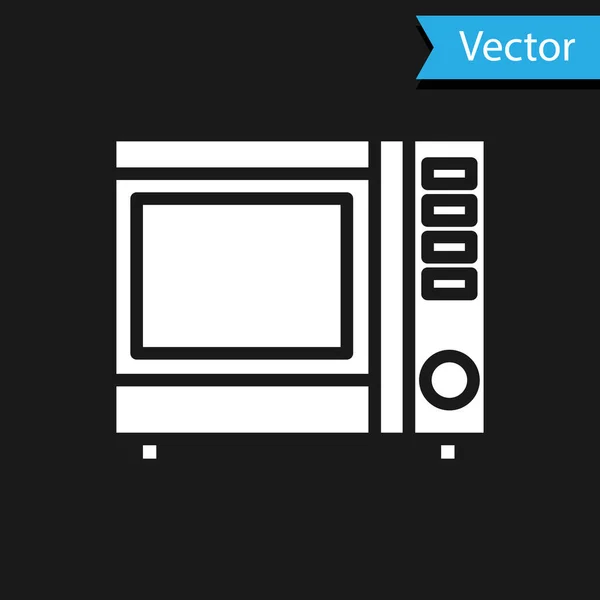 Weißes Mikrowellenherd-Symbol isoliert auf schwarzem Hintergrund. Hausgeräte-Symbol. Vektorillustration — Stockvektor