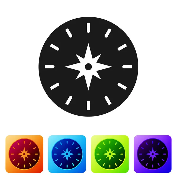 Μαύρο εικονίδιο Compass απομονώνεται σε λευκό φόντο. Σύμβολο πλοήγησης Γουίντροουζ. Ανεμοζώδιο. Ορισμός εικονιδίων σε χρωματιστά τετράγωνα κουμπιά. Εικονογράφηση διανύσματος — Διανυσματικό Αρχείο