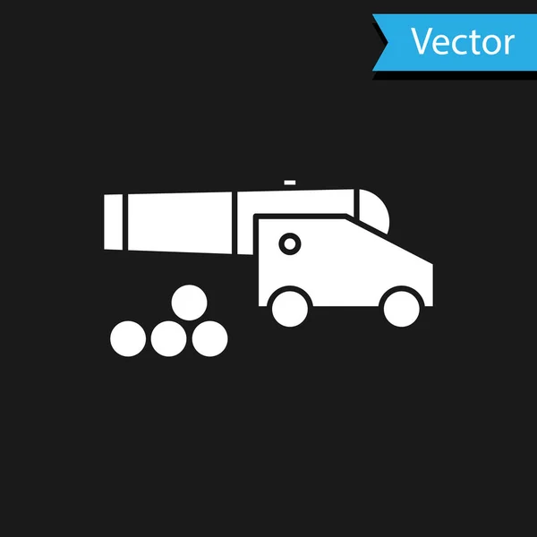 Tun alb cu pictograma cu bile de tun izolat pe fundal negru. Arme medievale. Vector Illustration — Vector de stoc