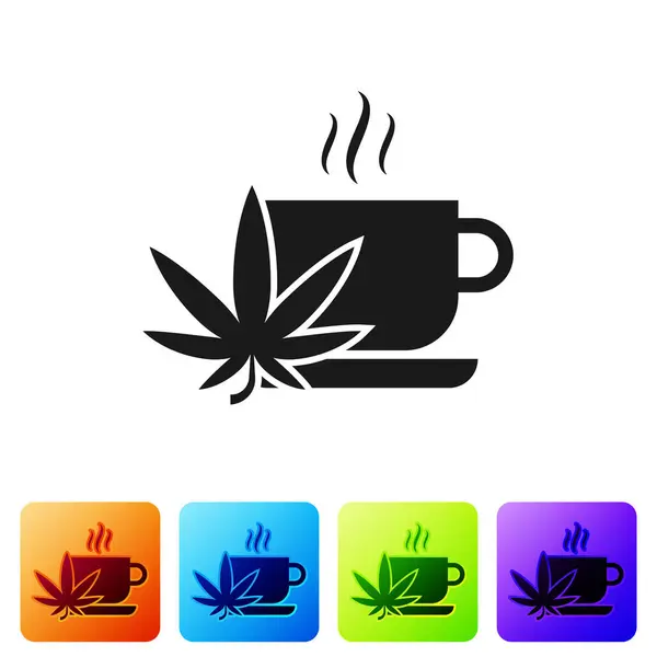 Schwarzer Tassen-Tee mit Marihuana oder Cannabisblatt-Symbol auf weißem Hintergrund. Marihuana-Legalisierung. Hanf-Symbol. setzen Sie Symbole in farbigen quadratischen Buttons. Vektorillustration — Stockvektor