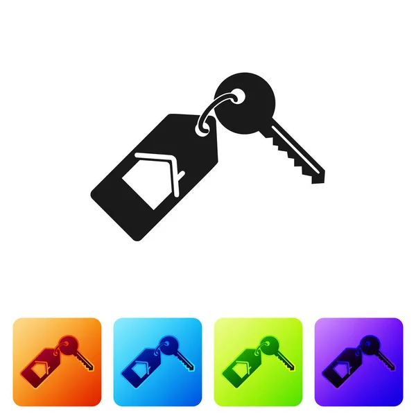 Schwarzes Haus mit Schlüsselsymbol isoliert auf weißem Hintergrund. Das Konzept des schlüsselfertigen Hauses. Setzen Sie Symbole in farbigen quadratischen Tasten. Vektorillustration — Stockvektor