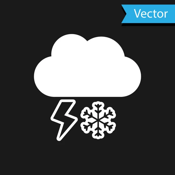 Weiße Wolke mit Schnee und Blitz-Symbol isoliert auf schwarzem Hintergrund. Wolke mit Schneeflocken. einzelnes Wettersymbol. Schneeschild. Vektorillustration — Stockvektor