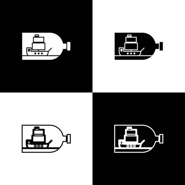 Встановіть скляну пляшку з кораблем всередині значка ізольовано на чорно-білому тлі. Мініатюрна модель морського судна. Хобі і морська тема. Векторна ілюстрація — стоковий вектор