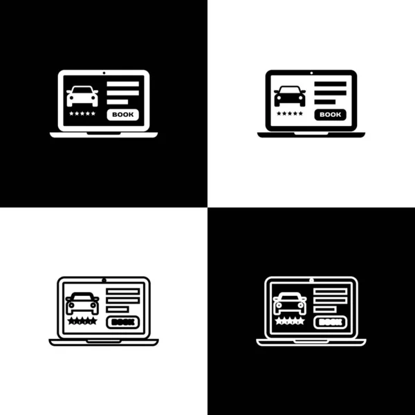 Set Online-Carsharing-Symbol isoliert auf schwarz-weißem Hintergrund. Online-Autovermietung. Online-Buchungsdesign für Laptop. Vektorillustration — Stockvektor