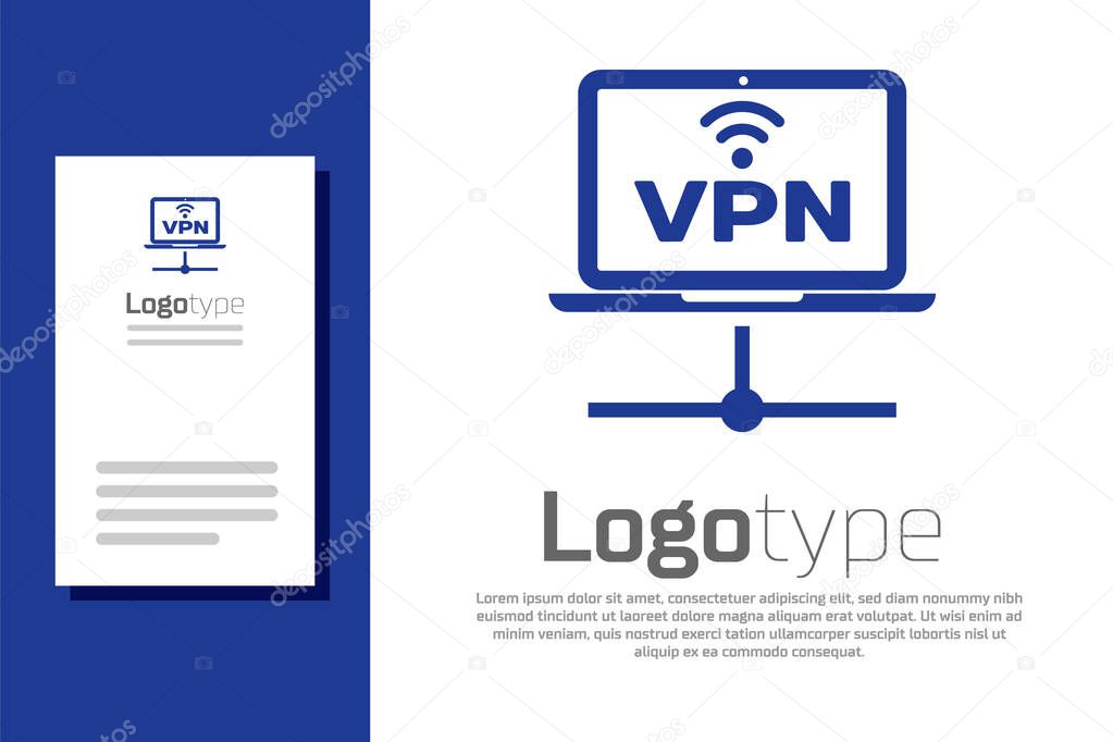 Blue VPN Computer network icon isolated on white background. Laptop network. Internet connection. Logo design template element. Vector Illustration