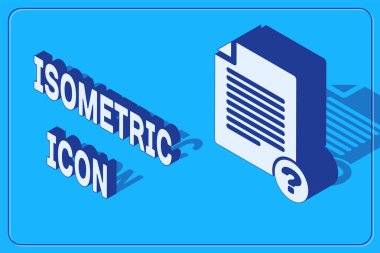 Isometric Bilinmeyen belge simgesi mavi arkaplanda izole edildi. Soru işareti olan dosya. Raporu, servisi ve küresel arama işaretini beklet. Vektör İllüstrasyonu