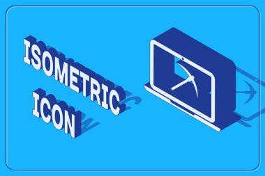 Laptop ve kazma ikonu içeren Isometric Madencilik konsepti mavi arka planda izole edildi. Engelleme teknolojisi, kripto para birimi madenciliği, dijital para piyasası. Vektör İllüstrasyonu