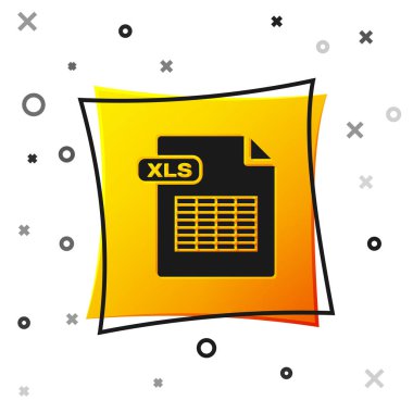 Siyah Xls dosya dökümanı. Xls düğmesi simgesi beyaz arkaplanda izole edildi. Dosya simgesini çıkart. Sarı kare düğme. Vektör İllüstrasyonu