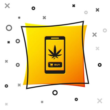 Siyah cep telefonu ve tıbbi marihuana veya beyaz arka planda izole edilmiş kenevir yaprağı ikonu. İnternetten satın alma sembolü. Süpermarket sepeti. Sarı kare düğme. Vektör İllüstrasyonu