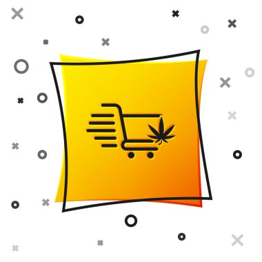 Esrar ya da kenevir yaprağı ikonu olan siyah alışveriş arabası beyaz arka planda izole edilmiş. İnternetten satın alma. Teslimat servisi. Süpermarket sepeti. Sarı kare düğme. Vektör İllüstrasyonu