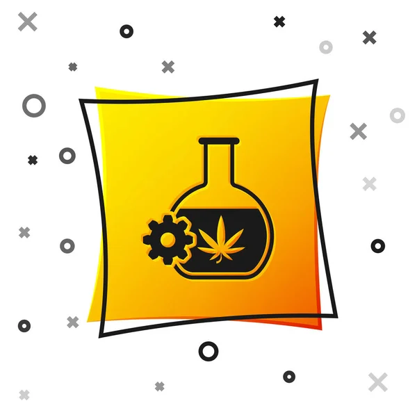 Černá Chemická zkumavka s marihuanou nebo konopným listem ikony izolované na bílém pozadí. Výzkumný koncept. Laboratorní koncepce Cbd oleje. Žlutý knoflík. Vektorová ilustrace — Stockový vektor