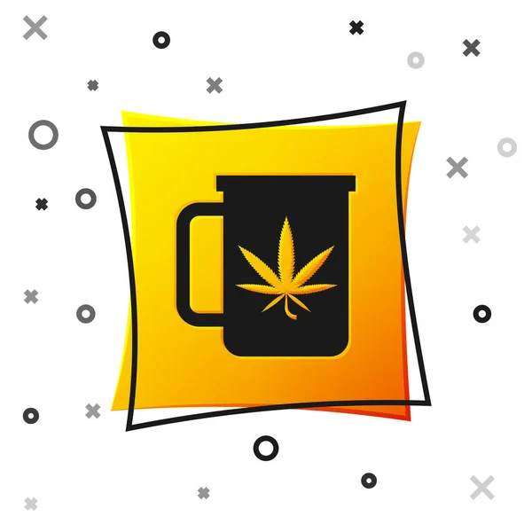 Schwarzer Tassen-Tee mit Marihuana oder Cannabisblatt-Symbol auf weißem Hintergrund. Marihuana-Legalisierung. Hanf-Symbol. gelber quadratischer Knopf. Vektorillustration — Stockvektor