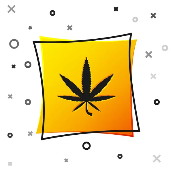 Czarna marihuana medyczna lub ikona liści marihuany odizolowana na białym tle. Symbol konopi. Żółty, kwadratowy przycisk. Ilustracja wektora — Wektor stockowy