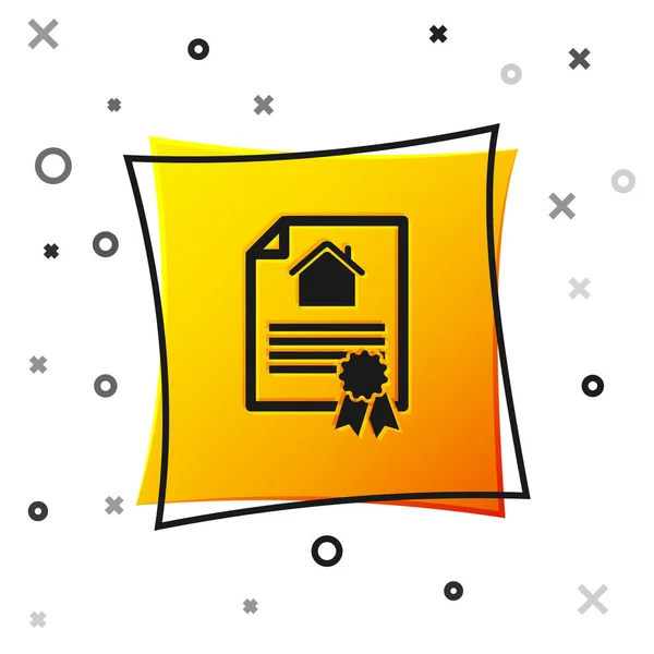 Black House contract icon isolated on white background. Contract creation service, document formation, application form composition. Yellow square button. Vector Illustration