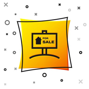 Beyaz arkaplanda satılık simgesi yazılı siyah asma tabelası. Satılık mesajlı pano. Sarı kare düğme. Vektör İllüstrasyonu