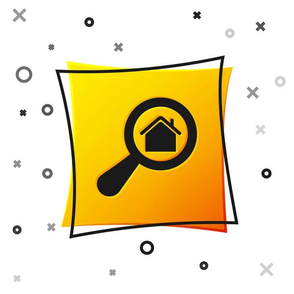 黑色搜索屋图标孤立在白色背景。 在放大镜下房子的房地产标志. 黄色方块按钮。 病媒图解 — 图库矢量图片
