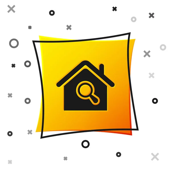Black Search house icoon geïsoleerd op witte achtergrond. Onroerend goed symbool van een huis onder vergrootglas. Gele vierkante knop. Vector Illustratie — Stockvector