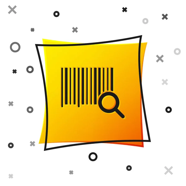 Icono de código de barras Black Search aislado sobre fondo blanco. Lupa buscando código de barras. Etiqueta de etiqueta de código de barras. Código de barras de investigación. Botón cuadrado amarillo. Ilustración vectorial — Vector de stock