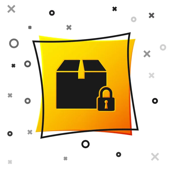 Black Icono de paquete bloqueado aislado sobre fondo blanco. Cerradura y caja de cartón. Botón cuadrado amarillo. Ilustración vectorial — Vector de stock