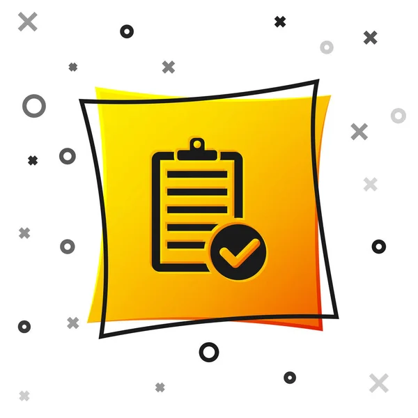 Black Verification of delivery list clipboard and pen icon isolated on white background (en inglés). Botón cuadrado amarillo. Ilustración vectorial — Archivo Imágenes Vectoriales