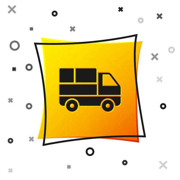 Beyaz arka planda izole edilmiş simgenin arkasında karton kutular olan siyah teslimat kamyonu. Sarı kare düğme. Vektör İllüstrasyonu — Stok Vektör
