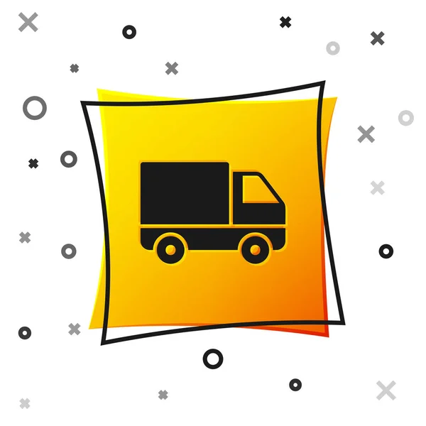 Ícone de veículo de caminhão de carga Black Delivery isolado no fundo branco. Botão quadrado amarelo. Ilustração vetorial —  Vetores de Stock