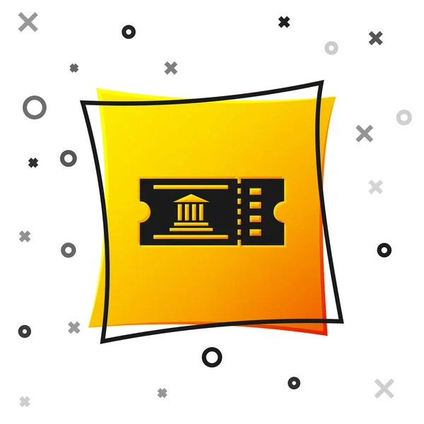 Icono del billete del Museo Negro aislado sobre fondo blanco. Historia museo entrada cupón evento admitir exposición excursión. Botón cuadrado amarillo. Ilustración vectorial — Vector de stock