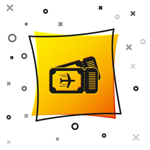 Black Airline ticket icon isolated on white background. Plane ticket. Yellow square button. Vector Illustration