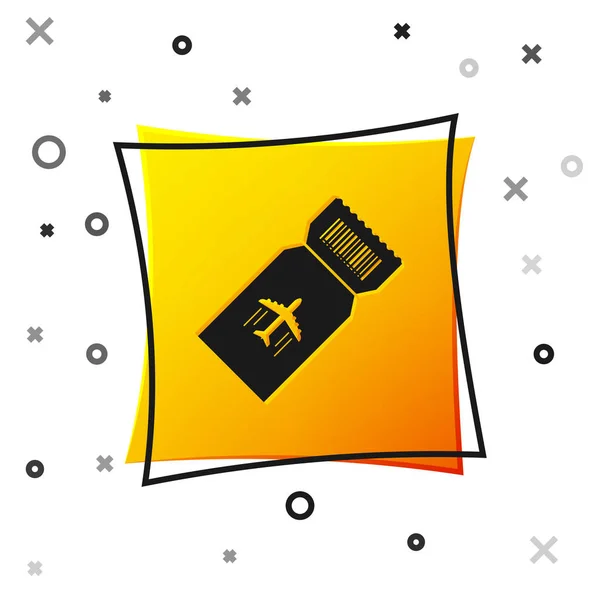 Ícone de bilhete Black Airline isolado no fundo branco. Um bilhete de avião. Botão quadrado amarelo. Ilustração vetorial — Vetor de Stock