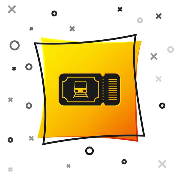 Ícone de bilhete de trem preto isolado no fundo branco. Viaje de trem. Botão quadrado amarelo. Ilustração vetorial — Vetor de Stock