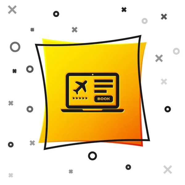 Schwarzer Laptop mit elektronischem Bordkartensymbol auf weißem Hintergrund. Handyticket für das Passagierflugzeug für Web und App. gelber quadratischer Knopf. Vektorillustration — Stockvektor