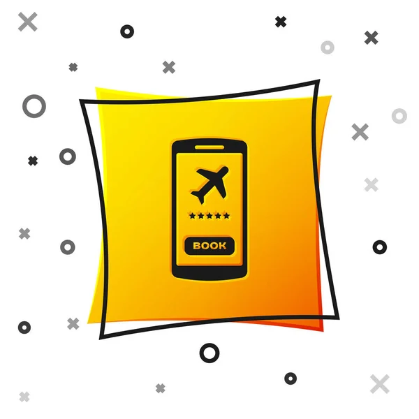 Schwarzes Smartphone mit elektronischem Bordkartensymbol auf weißem Hintergrund. Handyticket für das Passagierflugzeug für Web und App. gelber quadratischer Knopf. Vektorillustration — Stockvektor